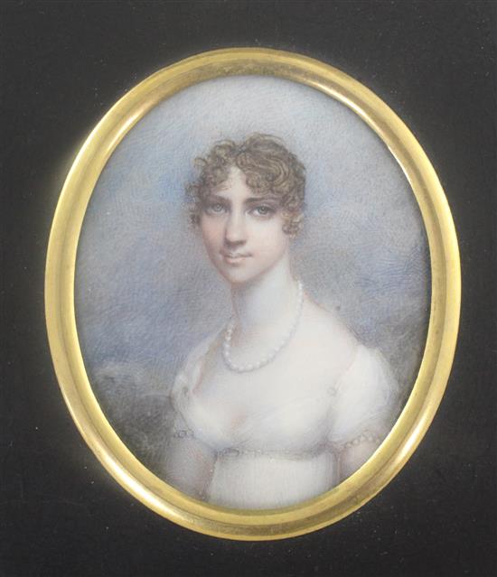 Attributed to Anne Mee (1760-1851) Miniature head and shoulders portrait of a young lady 3.25 x 2.5in.